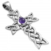Amethyst Genuine Stone Cross Celtic Knot Silver Pendant